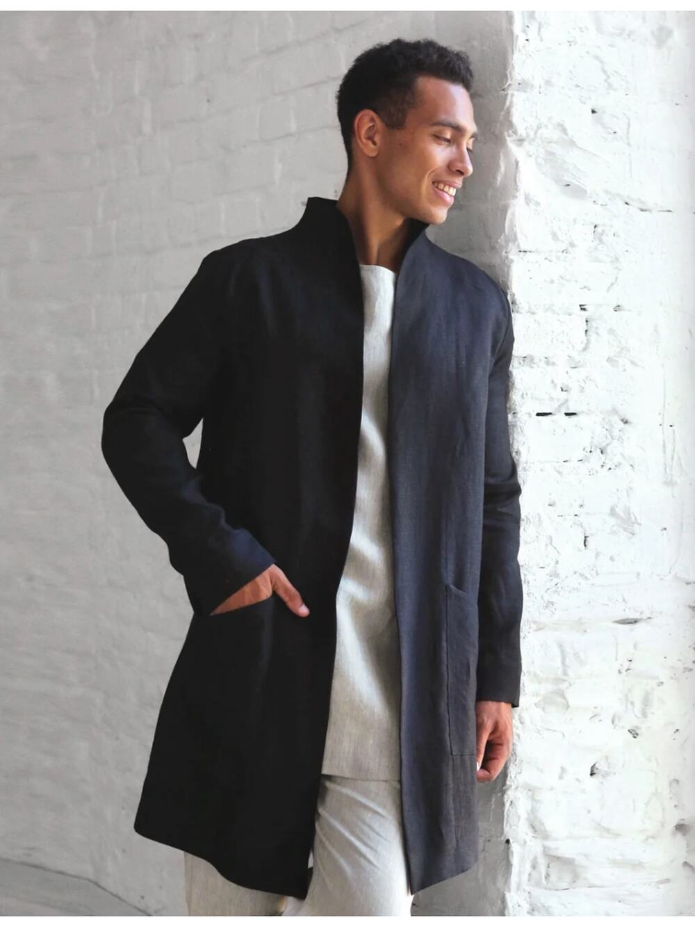 Black Ficus Linen Trench Almond in Black Mens S Longline Duster Open Front